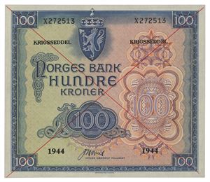 100 kroner 1944. X272513. Kansellert med rødt kryss på begge sider