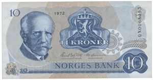 10 kroner 1972. QN0068053. Erstatningsseddel/replacement note