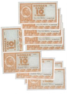 Lott 10 kroner 1969 V x5, 1970 Y, 1972 F x3 og 1972 K.