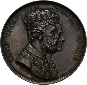 Norge, Oscar II. Kongens og dronningens kroning 1873. Kullrich. Sølv. 39 mm