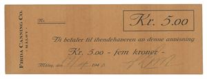 Firda Canning Co., Måløy, 5 kroner 19/4-1940. Blankett. Signert ikke nummerert