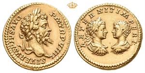 Septimius Severus, with Caracalla and Geta as Caesar, AD 193-211. AV aureus (7,23 g; 20 mm)