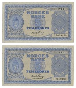 Norway. 5 kroner 1952. I7099179-80. 2 stk. i nummerrekkefølge