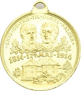 1914. Grimstad/Christian Frederik - Haakon VII. Forgylt bronse. UNIK/UNIQUE