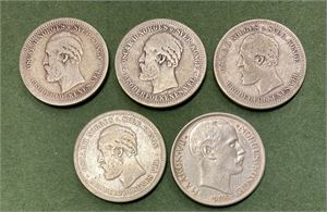 Lot 5 stk. 1 krone 1877, 1882, 1897, 1898 og 1917
