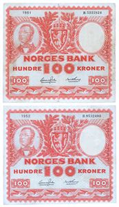Lot 2 stk. 100 kroner 1951 B og 1952 B