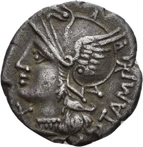 M. BAEBIUS Q. f. TAMPILUS 137 f.Kr., denarius. Hode av Roma mot venstre/Apollo i firspann mot høyre