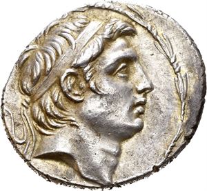 SELEUKID KINGS of SYRIA. Demetrios I Soter (162-150 BC). AR tetradrachm (16,92 g). Antioch on the Orontes mint. Dated SE 158 (=155/4 BC). Diademed head of Demetrios I to right / ??S???OS ????????? SO????S, Tyche seated left on throne with tritoness support, holding cornucopia and scepter; monograms in left field; HNP (era date) in exergue. Struck a little off centre. Minor flan flaw on reverse. Lightly toned with golden hues.