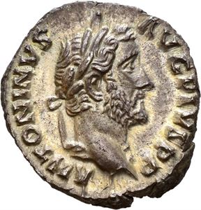 Antoninus Pius. AD 138-161. AR denarius, Roma AD 146, (3,48 g). Laureate head of A. Pius right / COS IIII, Winged thunderbolt on draped throne. Wonderfully toned and virtually as struck.