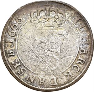 FREDERIK III 1648-1670 2 mark 1666. Samtidig forfalskning/contemporary counterfeit (9,74 g). Riper/scratches. S.101