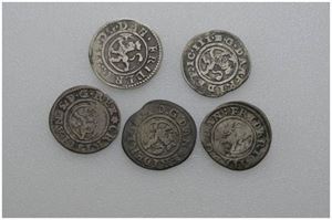 Lot 5 stk. 2 skilling 1661, 1663, 1667, 1668 og 1670 (Christian V)