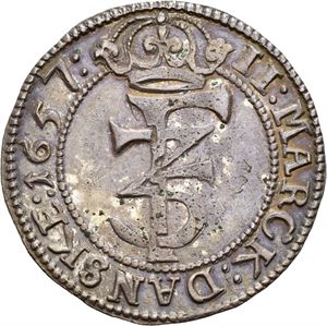FREDERIK III 1648-1670, CHRISTIANIA, 2 mark 1657. Noe korrodert på revers/some corrossion on reverse. S.43