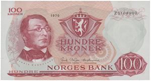 100 kroner 1970. Z5108900. Erstatningsseddel/replacement note (5-million).