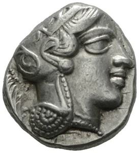 ATTICA, Athen, 449-431 f.Kr., tetradrachme (17,15 g). Hode av Athene mot høyre/Ugle stående mot høyre