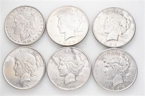 Lot 6 stk. Morgan og Peace dollars