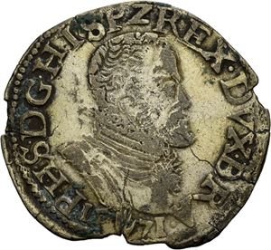 Philip II, 1/5 ecu 1571, Antwerpen. Samtidig forfalskning i forsølvet billon/contemporary forgery in silvered billon
