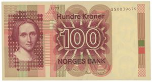 100 kroner 1977. QS0039679. Erstatningsseddel/replacement note