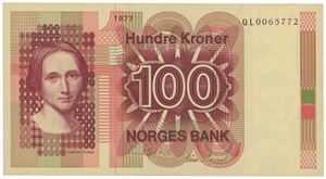 100 kroner 1977. QL0065772. Erstatningsseddel/replacement note