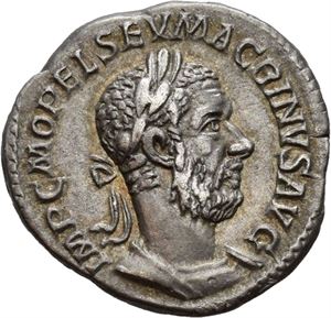 Macrinus 217-218, denarius, Roma 217 e.Kr. R: Salus sittende mot venstre