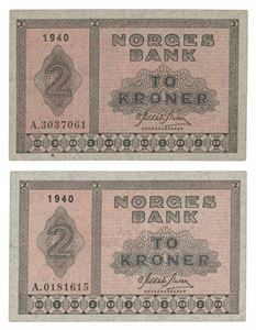 Lot 2 stk. 2 kroner 1940. A0181615 og A3037061