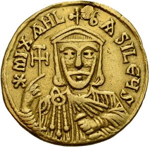 Michael II the Amorian 820-829, solidus, Constantinople (4,36 g). Byste av Michael/Byste av Theophilus. Plugget/plugged