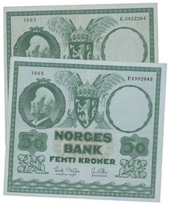 Lot 2 stk. 50 kroner 1963 E og 1965 F