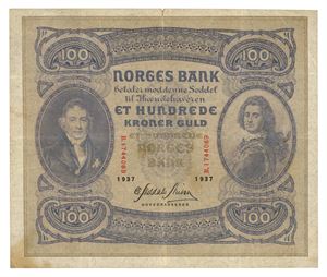 100 kroner 1937. B1744069. Brettrift, flekk/fold tear, spot
