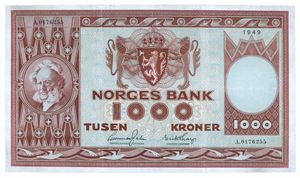 1000 kroner 1949. A0176255. Rift/tear