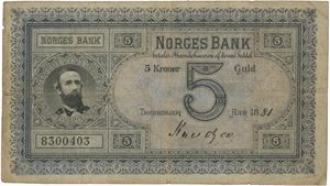 5 kroner 1881. 8300403. Signert Knudtzon.