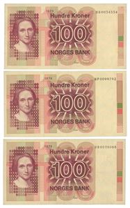 Lot 3 stk. 100 kroner 1979 HB, HH og HP. Erstatningssedler/replacement notes