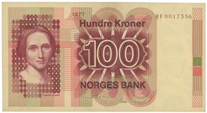 100 kroner 1977. HF0017356. Erstatningsseddel/replacement note