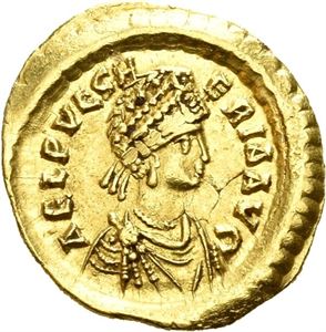 Pulcheria, daughter of Arcadius, AV tremissis, Constantinople 414-453 (1,49 g). Her diad. and draped bust r./Cross in wreath. Minor planchet flaws