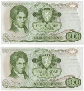 Lot 2 stk. 500 kroner 1978. A0462878-79