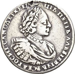 Peter I, rubel 1721. Kadashevsky Mint. Har vært anhengt/has been mounted