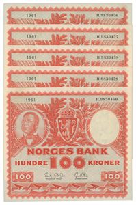 100 kroner 1961. H.9830456-60. 5 stk. i nummerrekkefølge