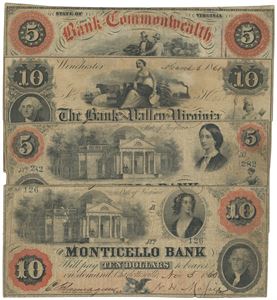 Virginia. Lott 4 stk. 5 og 10 dollar 5.11.1860 fra "Monticello Bank", 10 dollar 5.3.1861 fra "Bank of the Valley" og 5 dollar 1.7.1861 fra "Bank Commonwealth"