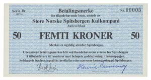 50 kroner 1976. Serie Rr. Nr. 00005