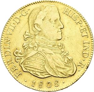 Ferdinand VII, 8 escudos 1808. Ripe på revers/scratch on obverse