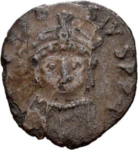 Theodosius 590-602, 1/2 siliqua; Carthago, 592-597 e.Kr. Hode en face/En face portrett av Maurice og Constantina. Meget sjelden