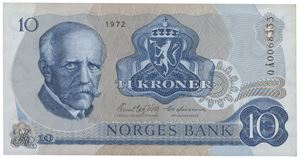 10 kroner 1972. QÅ0068333. Erstatningsseddel/replacement note