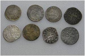 Lot 8 stk. 2 skilling 1650, 1663, 1673, 1679 (2), 1682, 1689 og 1702