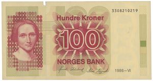 100 kroner 1986. 3308210219. Manglende trykkfarge/missing print error. Lite hakk i øvre marg