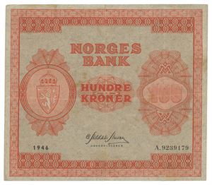 Norway. 100 kroner 1946. A9239179. Små flekker/minor spots