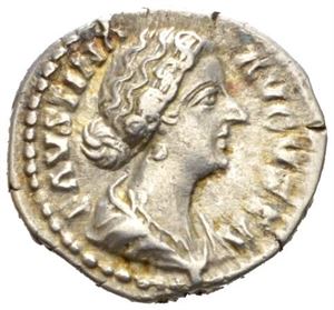 FAUSTINA JR. d. 175 e.Kr., denarius, Roma 161-175 e.Kr. R: Juno stående mot venstre