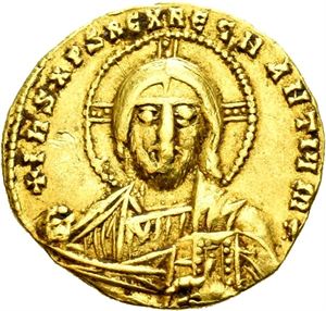 Constantin VII Porfyrogenitus & Romanus II 945-959, solidus, Constantinople (4,40 g). Byste av Kristus/Byster av Constantin og Romanus