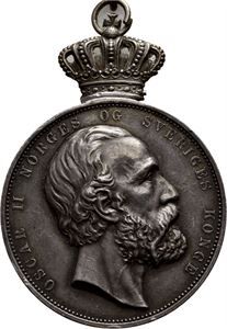Oscar II. For Ædel Daad. (2.klasse). Throndsen. Sølv med krone og bånd. 36 mm