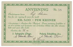 Polaris Fabrikker, Sandnes, 5 kroner 10/5-1940. Nr.58
