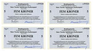 Lot 4 stk. 5 kroner 1978. Serie SS Nr.00623-00626