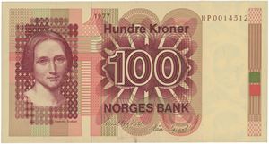 100 kroner 1977. HP0014512. Erstatningsseddel/replacement note.