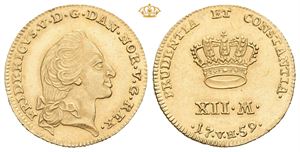 Kurantdukat/12 mark 1759. København (3,12 g). Prakteksemplar/choice. S.1